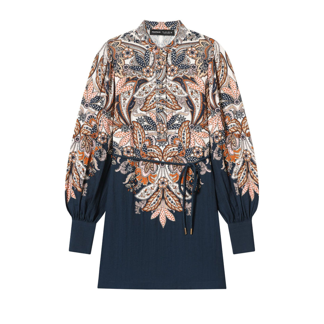 Damen Paisley-Tunika mit Stehkragen, Taillenzug und Ballonärmeln – Élovi