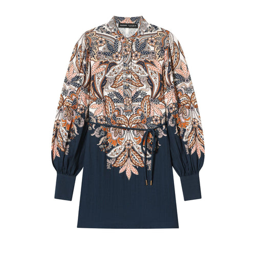 Damen Paisley-Tunika mit Stehkragen, Taillenzug und Ballonärmeln – Élovi