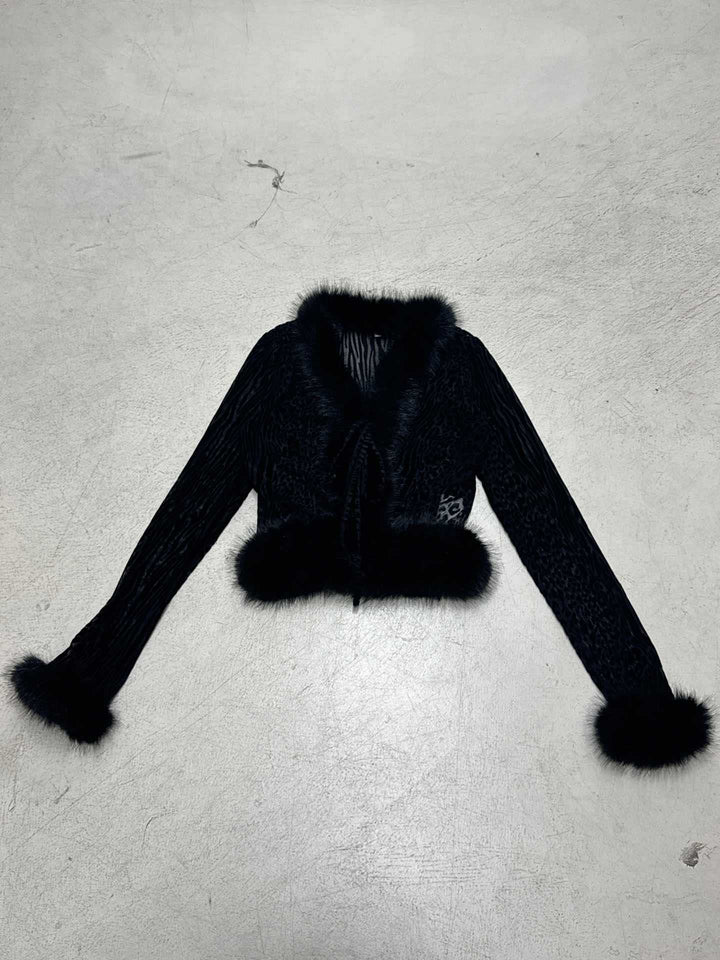 Damen nan kurze Samtjacke mit luxuriösem Kunstfellbesatz an Kragen Saum und Ärmeln Echo Archiv