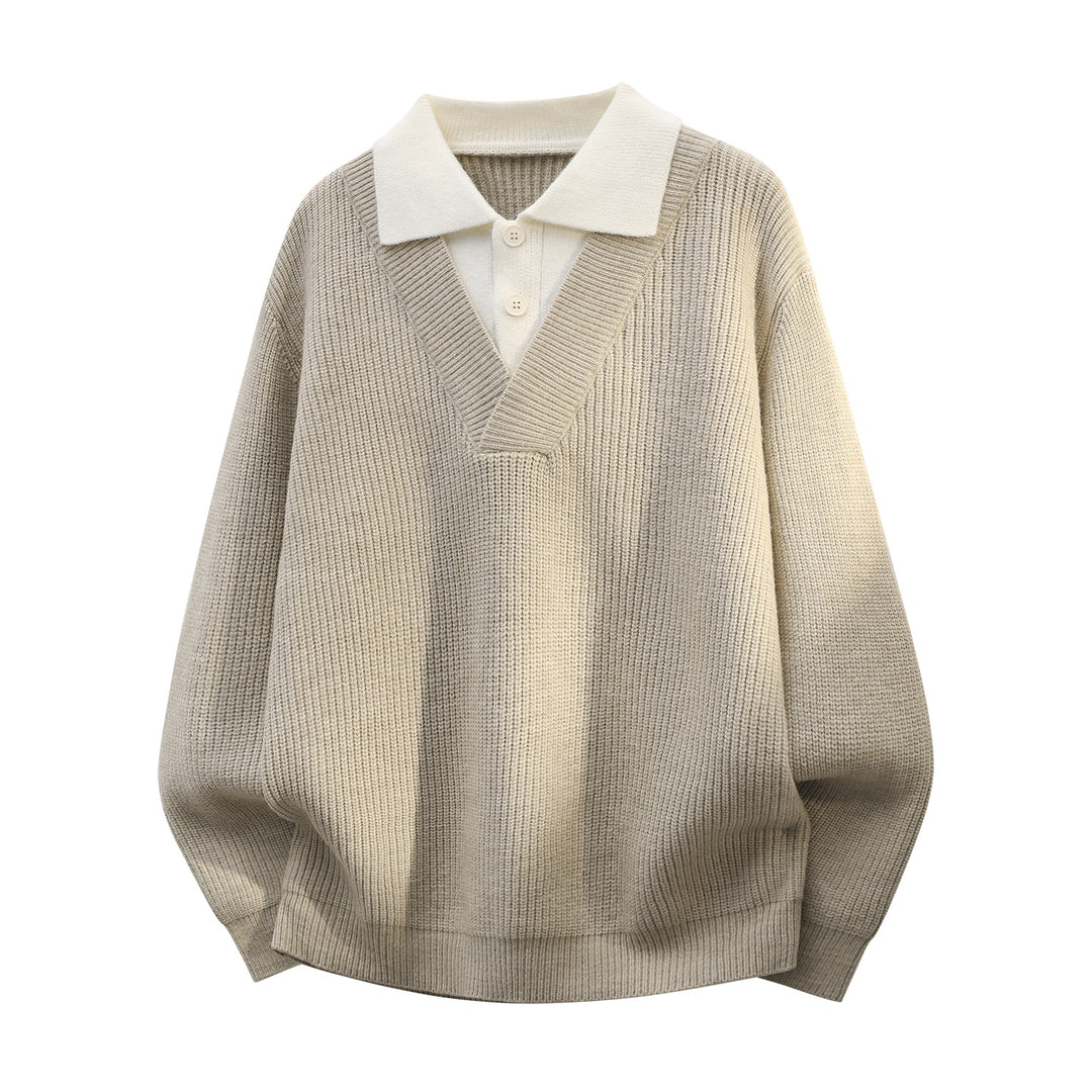 Herren Grobstrick-Pullover mit tiefem V-Ausschnitt und kontrastierendem Polokragen Echoarchiv