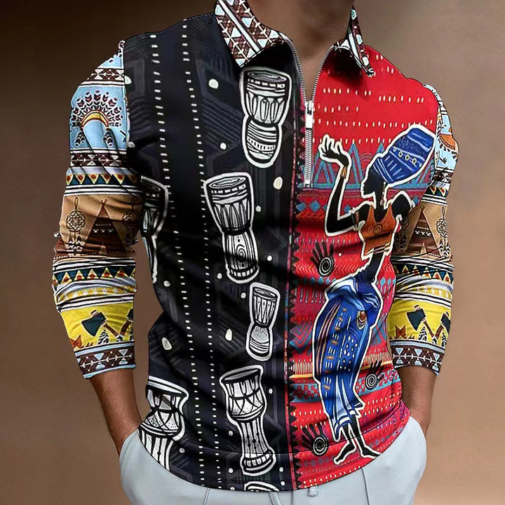 Herren Zip-Up Shirt mit kunstvollem Ethno-Design und elastischen Ärmelabschlüssen Echoarchiv