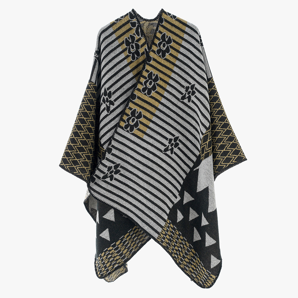 Damen Oversize Jacquard‑Ruana im Ethno‑Patchwork‑Design – Avérine