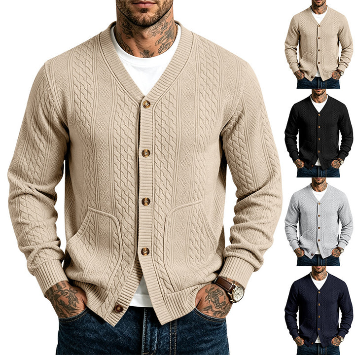 Herren Strukturierter Strickcardigan mit V-Ausschnitt und Zopfmuster – Terenzo