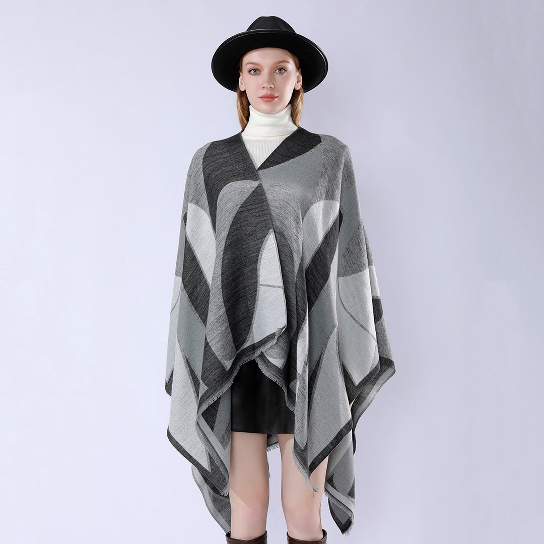Damen Oversize-Poncho mit V-Ausschnitt und geometrischem Jacquard-Design Echo Archiv