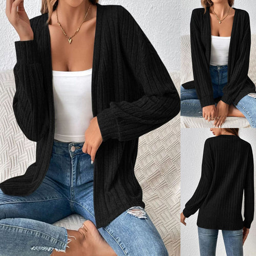 Damen Langer Rippstrick-Cardigan mit Ballonärmeln und offener Front – Veloura