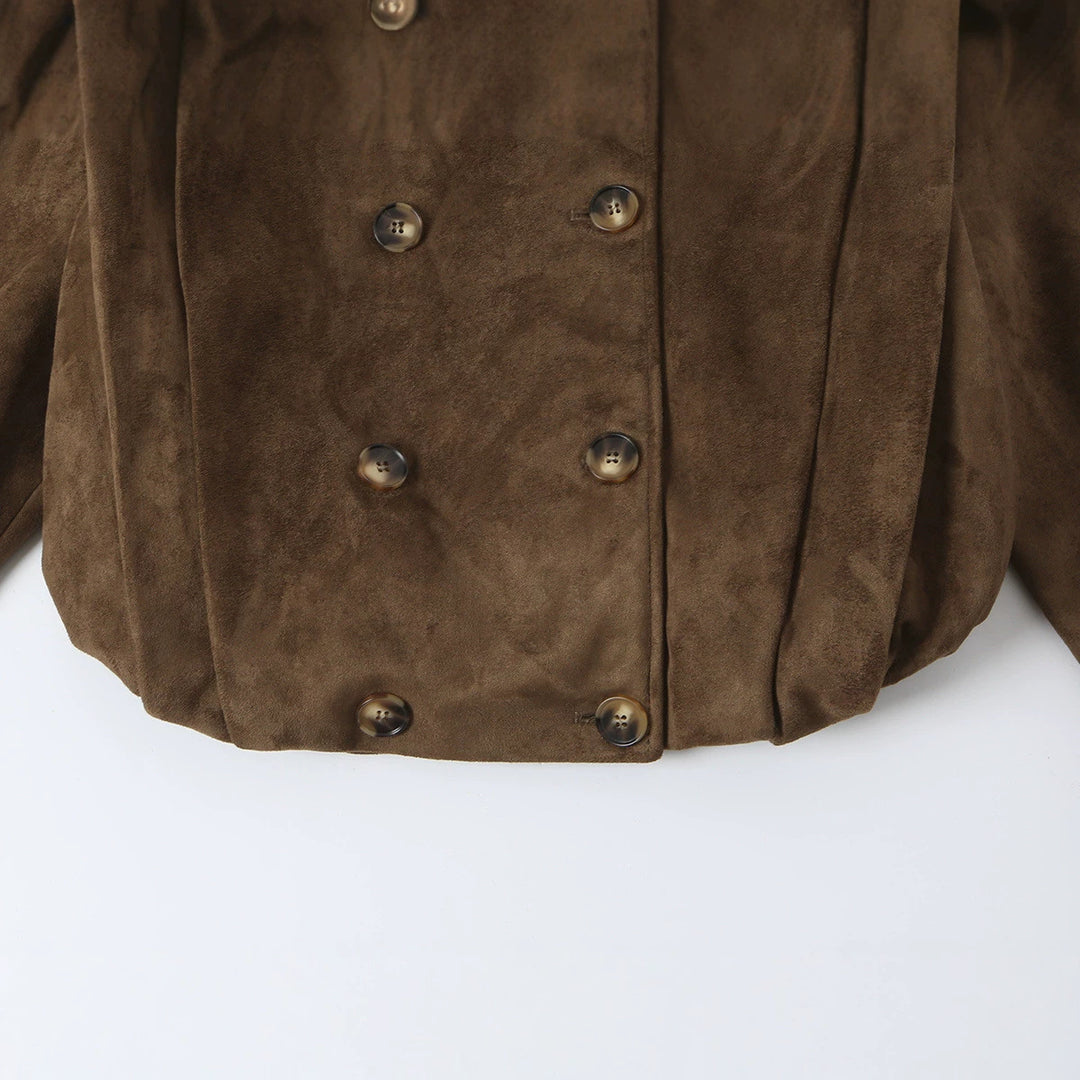 Damen Kurze Doppelreihige Velourslederjacke mit Stehkragen und Epauletten Echoarchiv