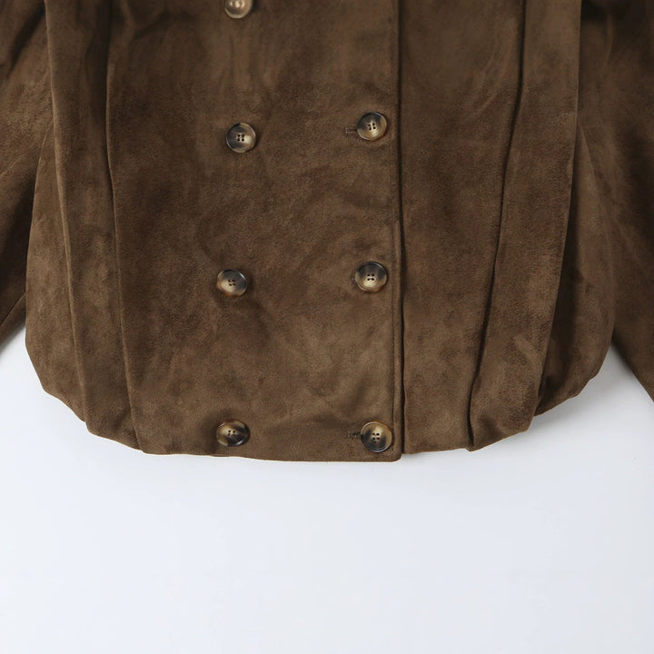 Damen Kurze Doppelreihige Velourslederjacke mit Stehkragen und Epauletten Echoarchiv