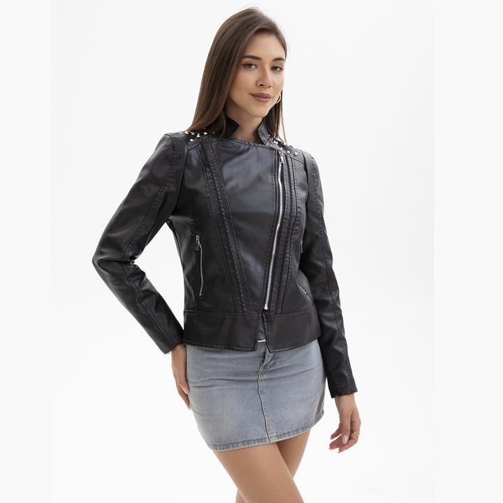 Damen nan Bikerjacke aus Kunstleder mit Nietenbesatz und asymmetrischem Reißverschluss Echo Archiv