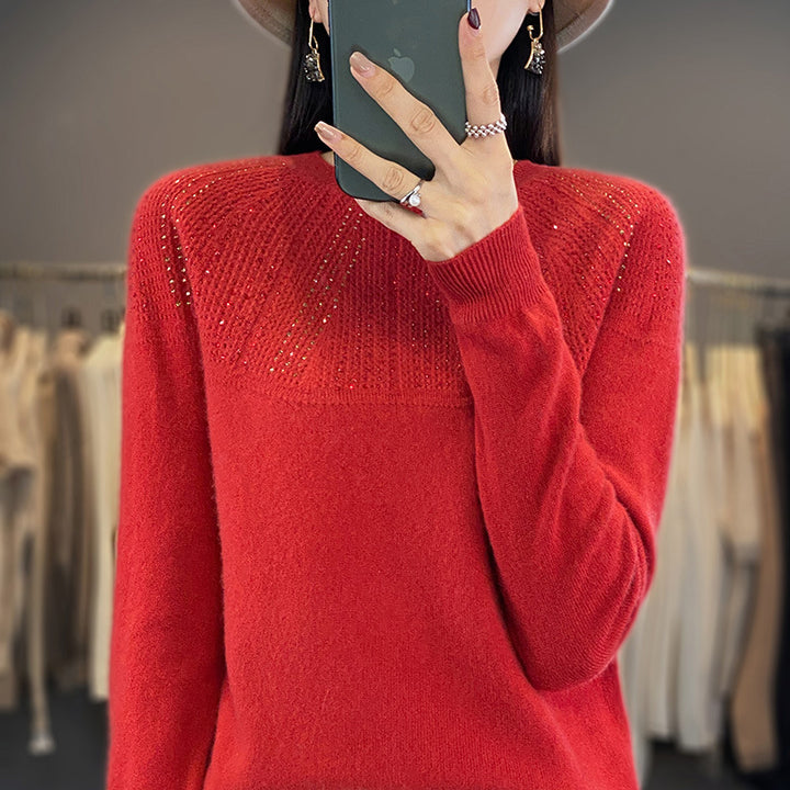 Damen Weicher Kaschmir‑Optik Feinstrickpullover mit Ajour‑Yoke und Paillettenbesatz Echoarchiv