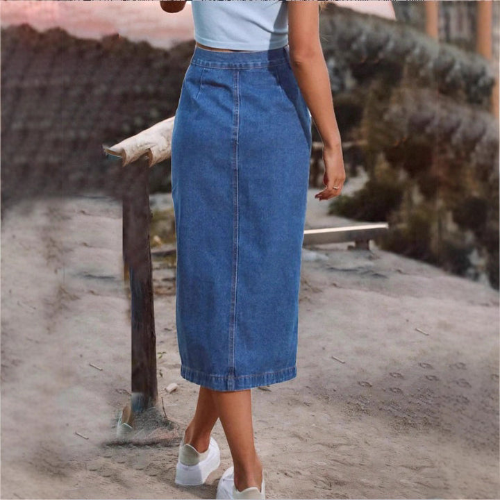 Damen Jeans-Midirock mit seitlicher Knopfleiste und hohem Beinschlitz Echo Archiv