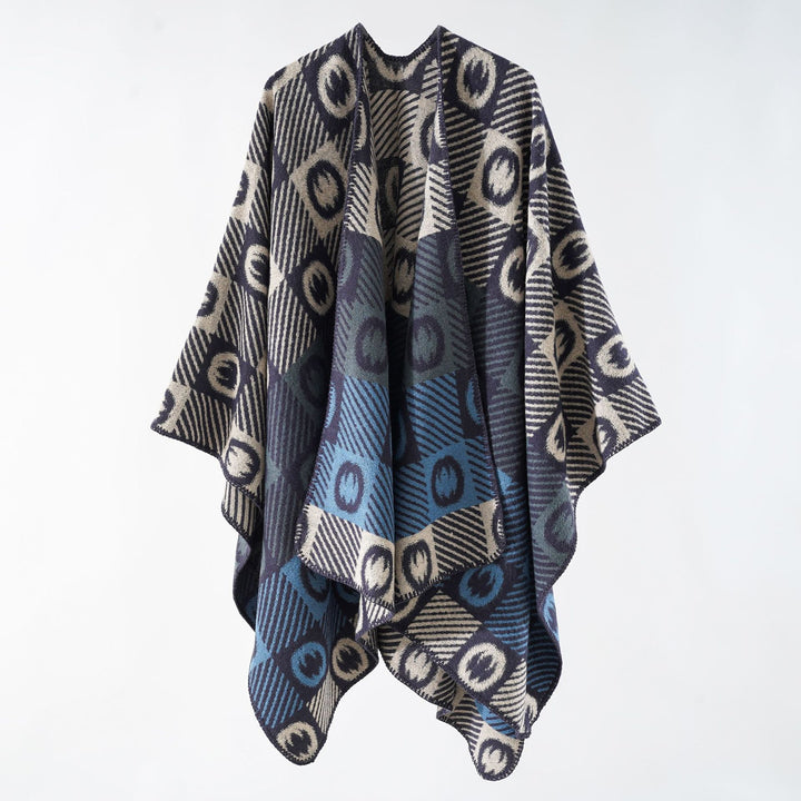 Damen Jacquard-Wickelponcho aus feinem Strick mit grafischem Kreis-Jacquard und offener Kimono-Silhouette – Veloura