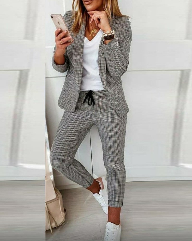 Damen Zweiteiler karierter Blazer und Slim-Fit Jogginghose mit Tunnelzug – Valéne