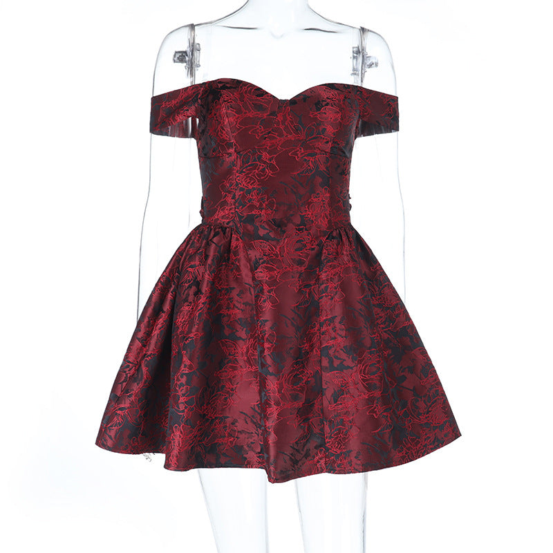 Damen schulterfreies Cocktailkleid mit Blumenmuster und voluminösem Rock Echo Archiv
