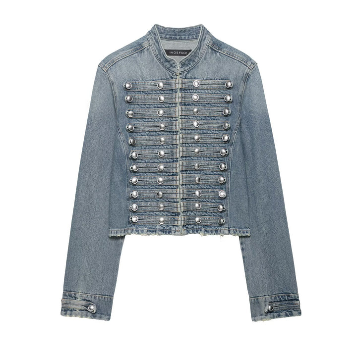 Damen Kurz geschnittene Military-Jeansjacke mit dekorativen Band-Details und Metallnieten Echo Archiv