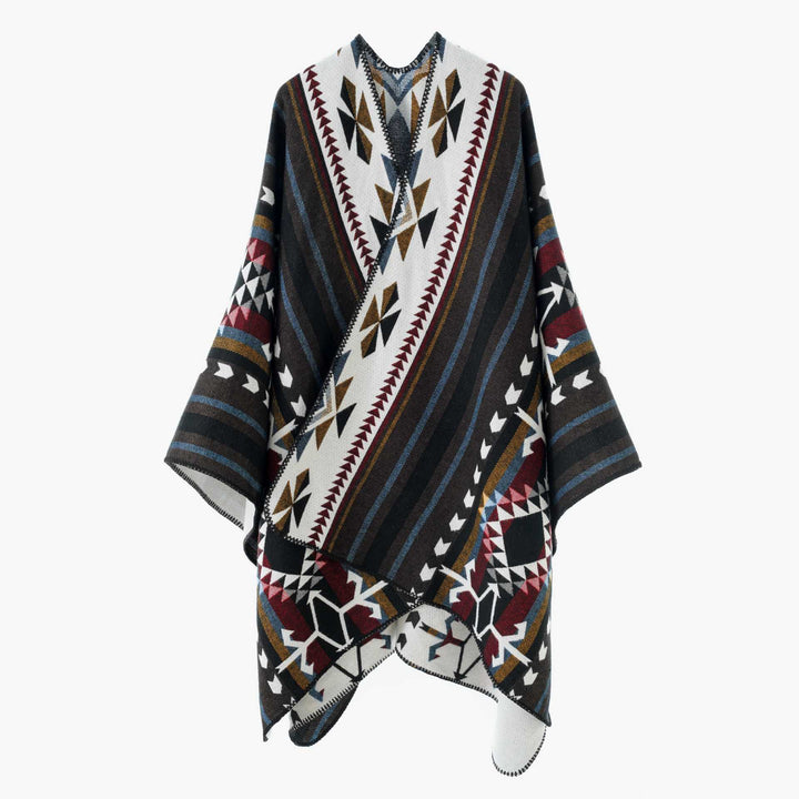 Damen Weicher Jacquard‑Strickponcho mit geometrischem Muster und Ziernaht Echo Archiv