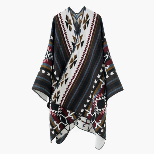 Damen Weicher Jacquard‑Strickponcho mit geometrischem Muster und Ziernaht Echo Archiv
