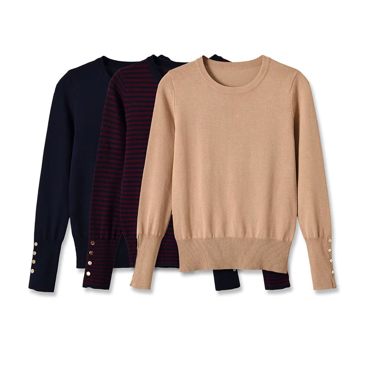 Damen Feinstrick-Pullover mit Streifenmuster, Rundhalsausschnitt und Zierknopfbesatz Echoarchiv