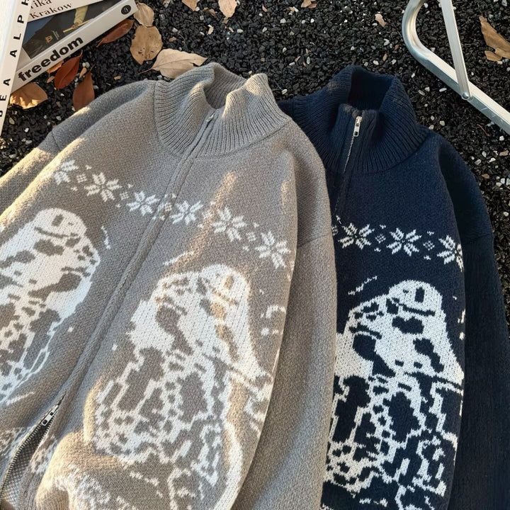 Unisex Übergroße Strickjacke mit durchgehendem Reißverschluss, hohem Rippkragen und Eulen-Intarsien Echoarchiv