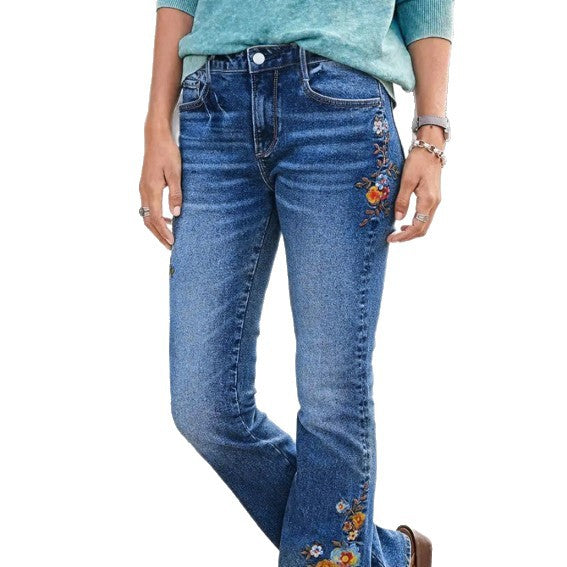 Damen bestickte Bootcut-Jeans mit hoher Taille und leichtem Stretch Echo Archiv