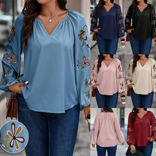 Damen Locker sitzende V-Ausschnitt Bluse mit floraler Stickerei an Ballonärmeln – Élovi