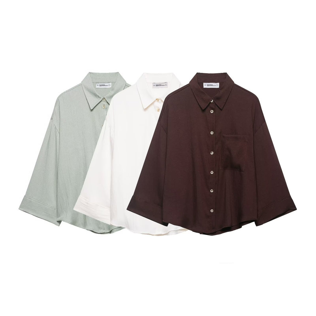Damen Oversized Hemdbluse mit überschnittenen Schultern, dreiviertelärmeln und Brusttasche Echo Archiv