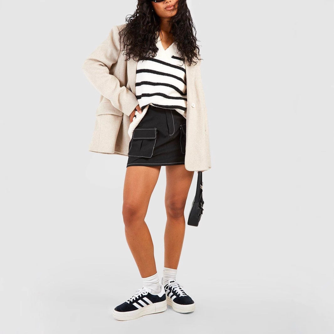 Damen Modischer Strickpullover mit V-Ausschnitt und Streifenmuster – Mavelle