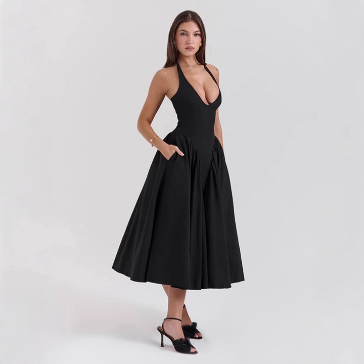 Damen nan figurschmeichelndes Neckholder-Bustier-Midikleid mit taillierter Miederform und weitem Tellerrock Echo Archiv