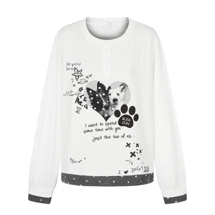 Damen Langarm-Pyjama-Top mit halbnaher Knopfleiste, Herz-Hundeprint und kontrastiertem Bündchen Echoarchiv