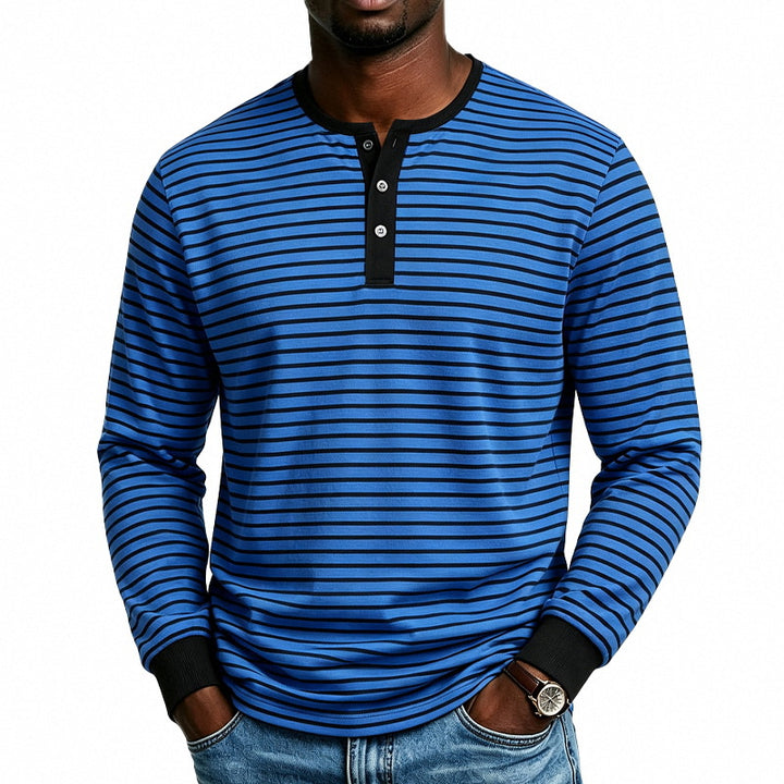 Herren Gestreiftes Langarm-Henleyshirt aus Baumwollmischung mit Knopfleiste Echoarchiv