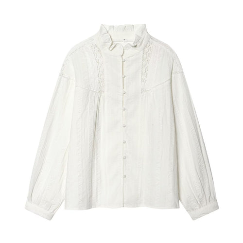 Damen Lockeres Vintage-Bluse mit Stehkragen, Spitzeinsätzen und Ballonärmeln Echo Archiv