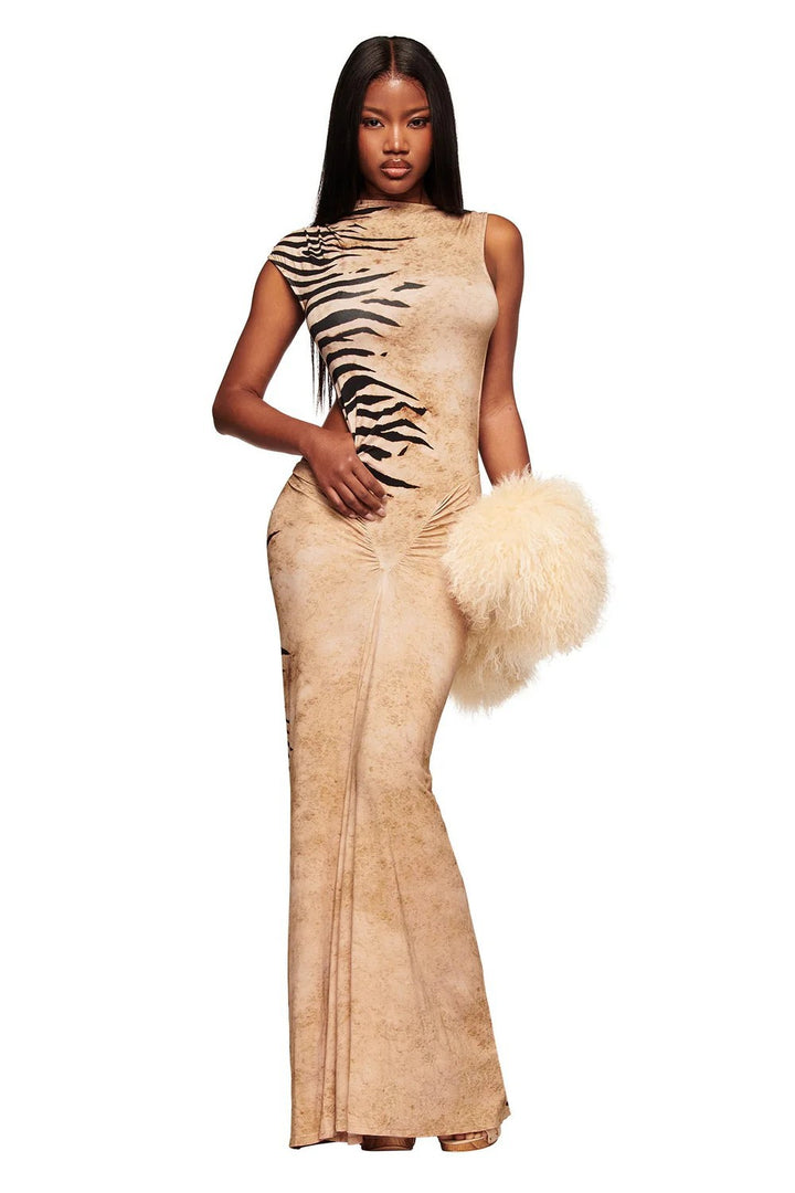 Damen Elegantes Maxikleid mit asymmetrischem Schnitt und Tiermotiv Echo Archiv