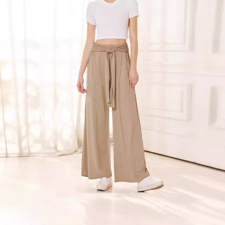 Damen Hochtaillierte Weite Palazzo-Hose mit Selbstbindendem Taillenbund und Seitentaschen – Avélisse