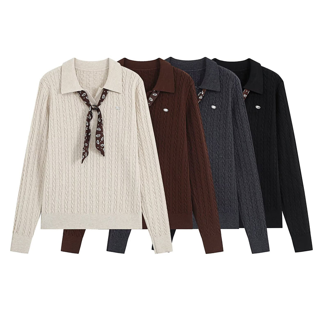 Damen Strickpullover mit Troyer‑Kragen und Zierkrawatte Echoarchiv