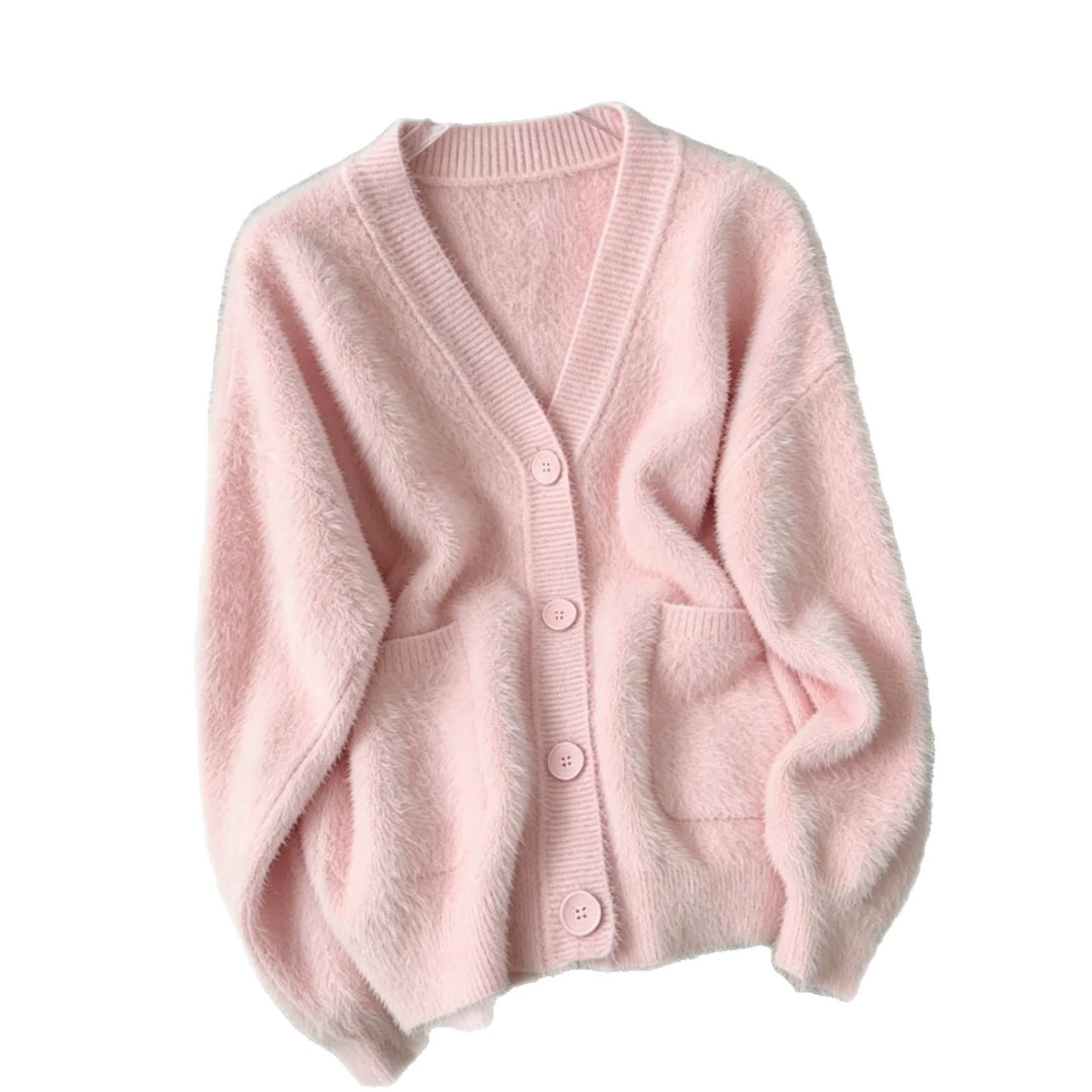 Damen Fluffy-Cardigan mit tiefem V-Ausschnitt, gerippter Knopfleiste und Eingrifftaschen – Veloura