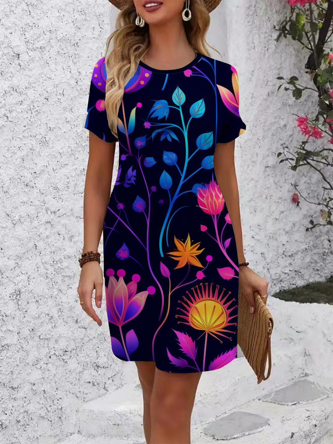 Damen lässiges T-Shirt Kleid mit buntem Blumenmuster und bequemem Schnitt Echo Archiv