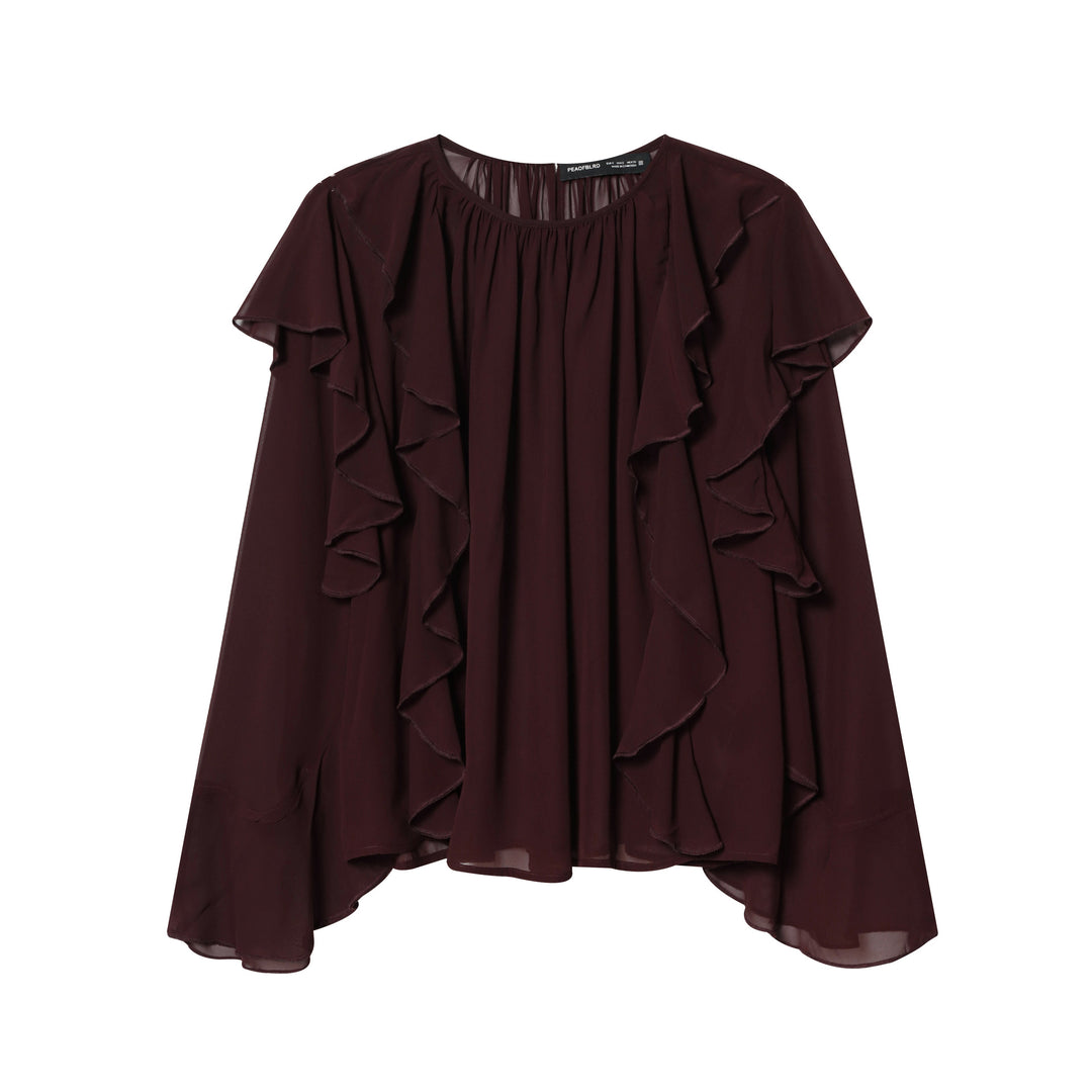 Damen voluminöse Chiffonbluse mit mehrlagigen Volants, gerafftem Ausschnitt und lockerem Fall – Élovi