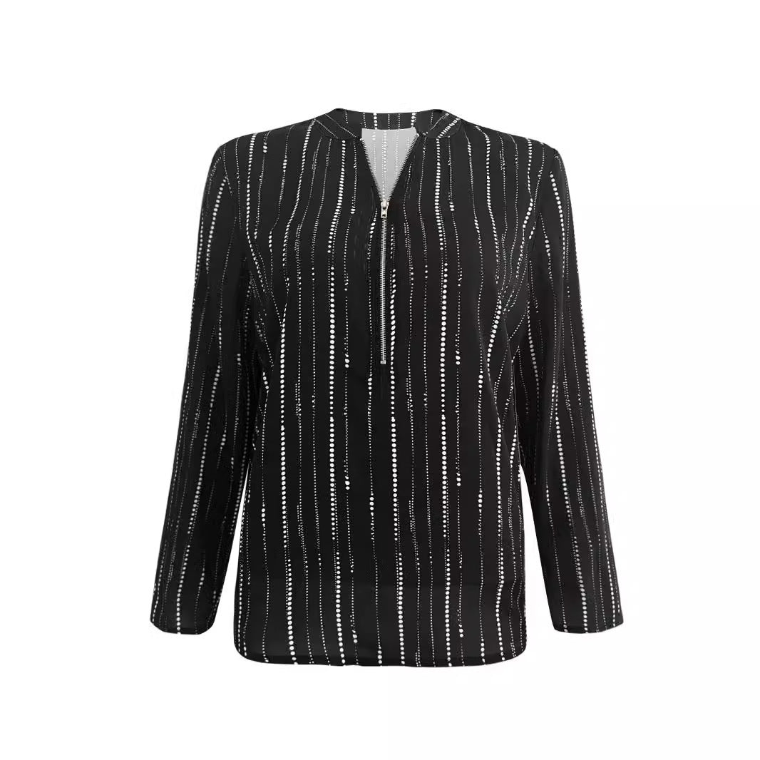 Damen Leichte Viskose-Bluse mit Stehkragen, Reißverschluss und vertikalem Punktstreifen – Élovi
