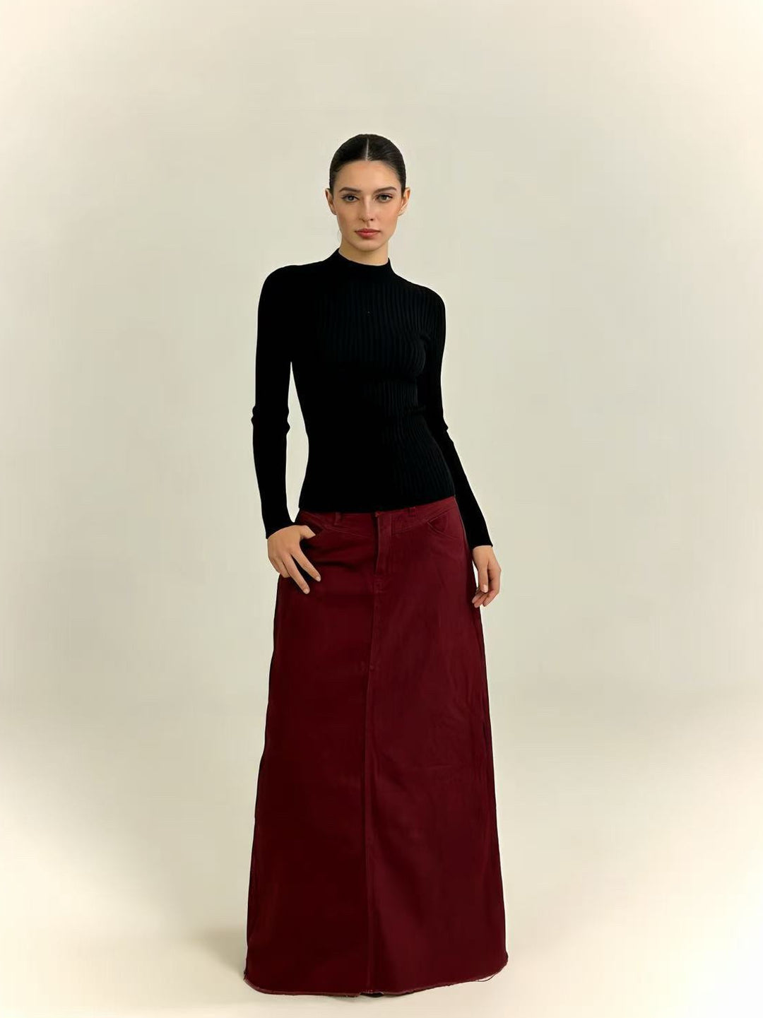 Damen nan langer High-Waist Denim-Maxirock mit gerader Silhouette und rohem Saum Echo Archiv