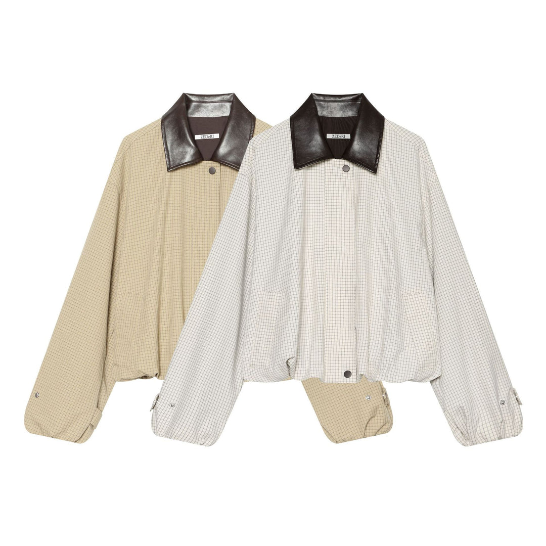 Damen Oversize-Boxy-Jacke mit Karomuster, Kunstleder-Revers und Kordelzugsaum Echo Archiv