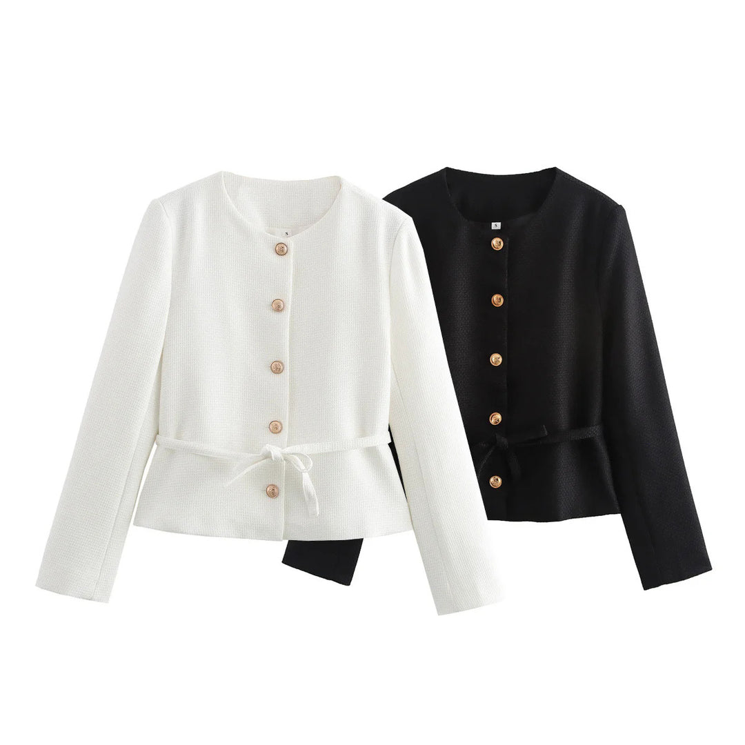 Damen nan taillierte Knopfjacke mit Rundhalsausschnitt, taillenbindegürtel und feiner Webstruktur Echo Archiv