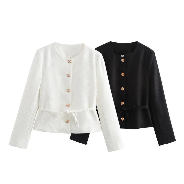 Damen nan taillierte Knopfjacke mit Rundhalsausschnitt, taillenbindegürtel und feiner Webstruktur Echo Archiv