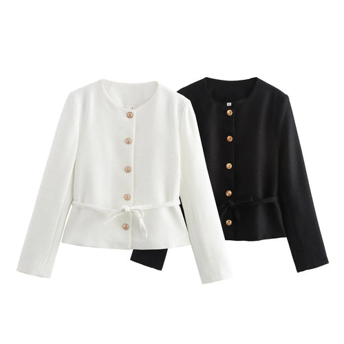 Damen nan taillierte Knopfjacke mit Rundhalsausschnitt, taillenbindegürtel und feiner Webstruktur Echo Archiv