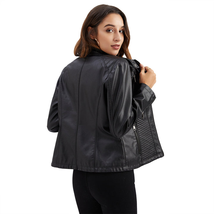 Damen nan taillierte Bikerjacke aus Kunstleder mit Stepppaneelen und Stehkragen Echo Archiv