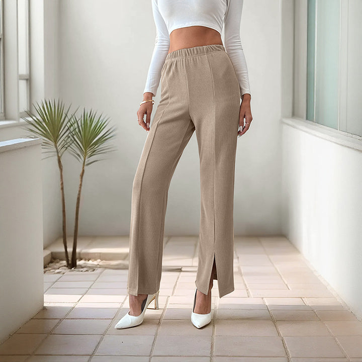 Damen Weiche gerippte Palazzo-Hose mit hohem Elastikbund und Saumschlitz Echoarchiv