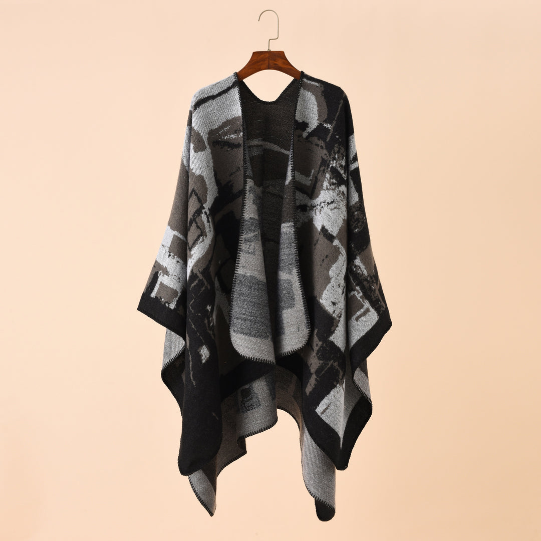 Damen Oversize-Umhangruana aus Wollmix mit abstraktem Jacquard und Zierstichkante – Célinea