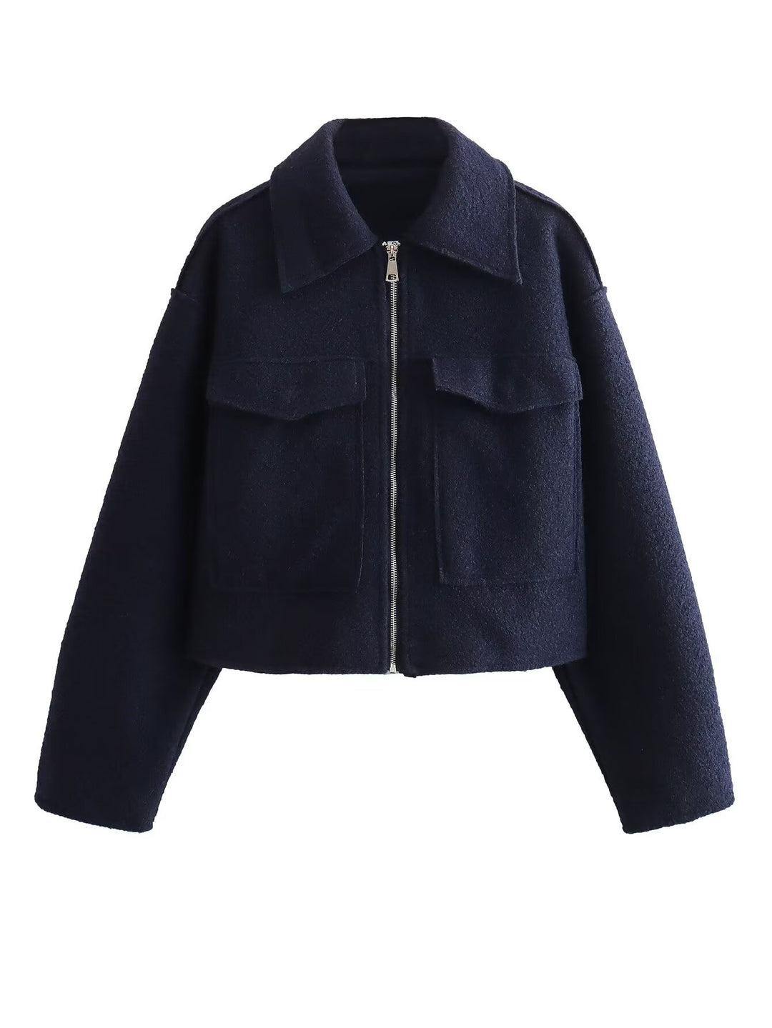 Damen kurzes Cropped Overshirt mit großflächigen Pattentaschen und durchgehendem Reißverschluss – Célinea
