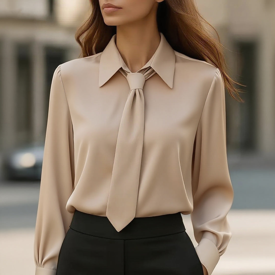 Damen Seidige Business Bluse mit Hemdkragen und integrierter Schleife Echoarchiv