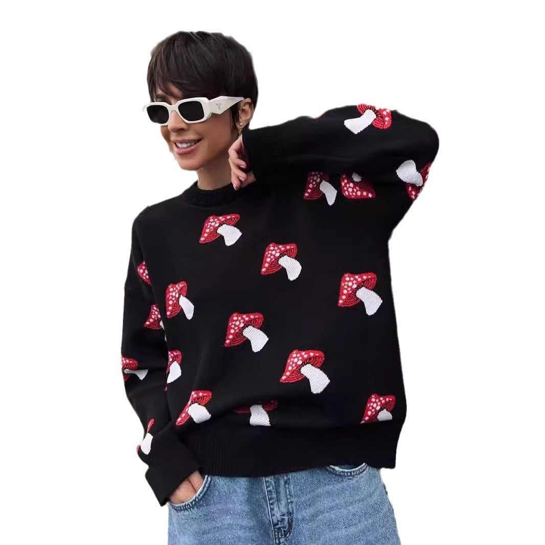 Damen weiter Strickpullover mit Pilzmotiv Rundhals Rippbündchen – Mavelle