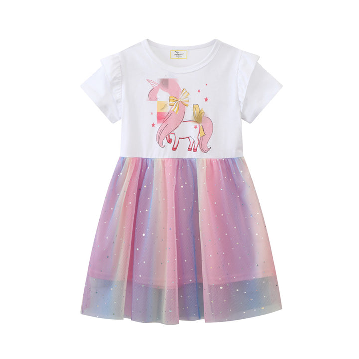 Mädchen Tüllkleid mit Einhorn-Applikation und buntem Glitzertüll Echo Archiv