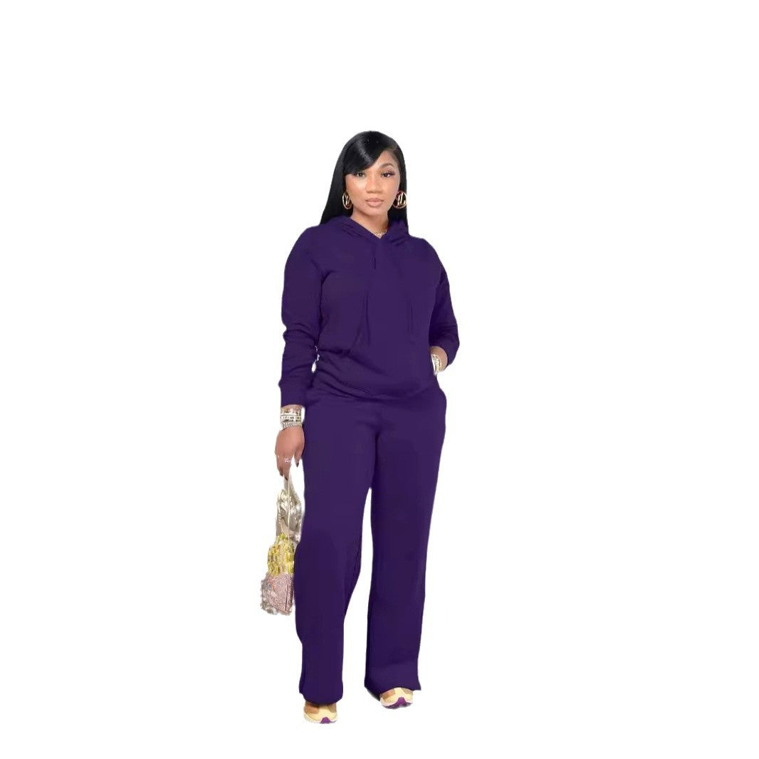 Damen Relax-Loungewear-Set mit weitem Highwaist-Palazzo-Jogger, Kapuzenpullover mit Kängurutasche und seitlichem Saumschlitz – Avérine